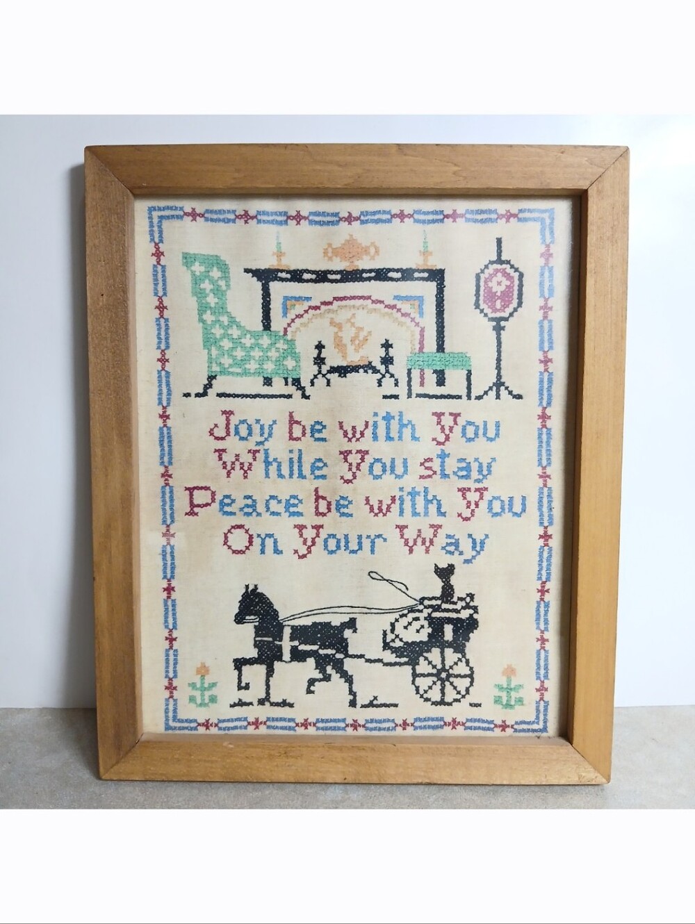Vintage Hand Made Cross Stitch Framed Wall Decor Horse Carriage Fireplace Chair